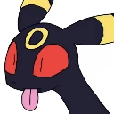 A dark creature with large red eyes and a yellow ring on its forehead sticking its tongue out in a silly expression.