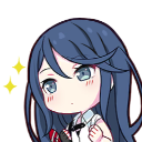 Anime girl with blue hair looking proud with yellow sparkles appearing next to her.