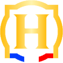A gold letter H inside a gold frame with a blue, white, and red bar at the bottom.