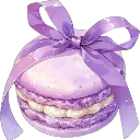 A purple macaron tied with a purple ribbon bow.