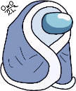 A blue Among Us crewmate wrapped tightly in a blue and white blanket.