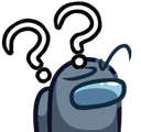 An Among Us crewmate with a confused expression and question marks hovering above its head.