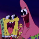 SpongeBob and Patrick laughing with wide open mouths in a joyful expression.
