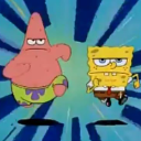 SpongeBob and Patrick Star running with determined, mischievous expressions against a blue motion-blur background.