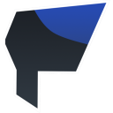 Geometric shape with sharp angles colored in black, blue, and a red-to-purple gradient.
