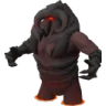 A dark, hulking monster with glowing red eyes and flaming feet standing in a menacing pose.
