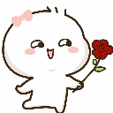 A small white character with a pink bow holding a red rose and smiling shyly.