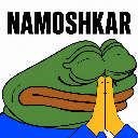 Pepe the Frog with hands pressed together in a prayer gesture and the text NAMOSHKAR above him.