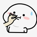 A round white character with a nervous expression and a blue sweat drop zipping its mouth shut with its hand.