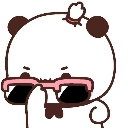 A cute white panda with black ears putting on pink sunglasses with a smug expression.