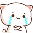 A white cartoon cat with large brown eyes and blue tears streaming down its cheeks.