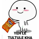 A simple white cartoon character with a smile holding out a small orange bag of snacks.