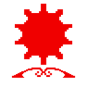 Red pixelated gear symbol with a small decorative base.