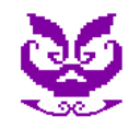 A purple pixelated face with an angry, contorted expression on a black background.