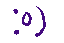 Emoticon with a colon, a zero, and a closing parenthesis in purple pixel art style.