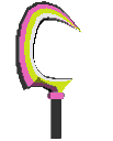 A stylized pixel art sickle with a pink and yellow blade and a black handle.