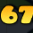 Number 67 displayed in a bold yellow and orange gradient font with a dark shadow.
