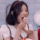 A young woman with a red headband eating a piece of cake in a sequence of frames.