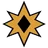 Golden eight-pointed star symbol with a diamond-shaped hole in the center against a black background.