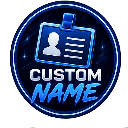 ID badge icon with a person silhouette and the text CUSTOM NAME in a blue circular frame.