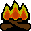 Campfire with three orange flames flickering above two crossed brown logs.