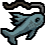 A small blue pixelated fish swimming against a black background.