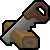 A hand saw cutting into a brown wooden log in a pixel art style.