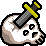 Skull with a sword stuck in the top of its head in a pixel art style.