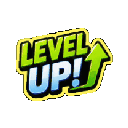 Level Up text in a bold, stylized font with a large green arrow pointing upwards.