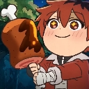 Chibi anime character with star-filled eyes holding a large piece of meat on a bone.