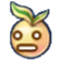 A round, light-yellow fruit character with a green sprout on its head, wide white eyes, and a flat, straight-line mouth expr…