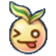 A round yellow fruit character with a green leaf on top, winking one eye and sticking its tongue out.