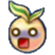 A round orange fruit character with a green leaf on top and a wide-open mouth showing extreme shock.