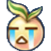 Round fruit character with a leaf on top crying large blue tears.