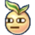 A round yellow fruit character with leaves on top looking sideways with a flat, unimpressed expression.