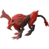 A low-poly red and black creature with a long tail prowling forward.