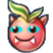 A round red fruit character with a green leaf on top, bright blue eyes, and a wide grin showing two sharp white teeth.
