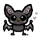 A small black pixel art bat with large eyes smiling while surrounded by floating pink hearts.