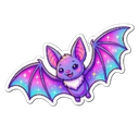 A cute cartoon bat with purple and blue galaxy-patterned wings smiling happily.
