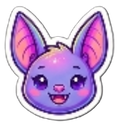 A cute purple bat with large eyes and pink inner ears smiling happily.