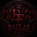 Ballas Families gang emblem featuring a crown, roses, and stylized text in dark red on a black background.
