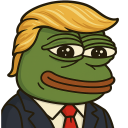 Pepe the Frog wearing Donald Trump's hair and suit with a smug expression.