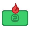 A green rectangular banknote with a red flame burning on top of it.