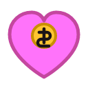 A pink heart icon with a gold coin containing a currency symbol in the center.