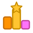 A pixel art bar chart with an orange bar, a tall gold bar topped with a star, and a pink bar.
