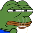 Pepe the Frog with a smug expression holding a steaming white mug of coffee.