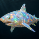 A shark with a shimmering, iridescent opal texture swimming against a dark background.