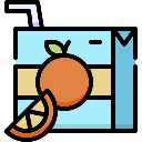 Orange juice carton with a straw and a slice of orange in front.