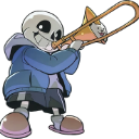 Skeleton character playing a brass trombone with a wide, happy grin.