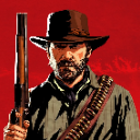 A bearded man in a cowboy hat holds a shotgun against a solid red background with a serious expression.